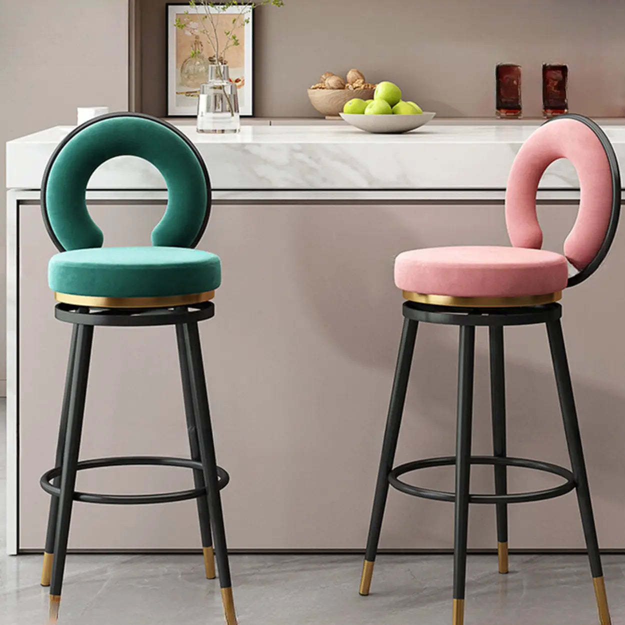 Round Upholstered Iron Swivel Bar Stool with Footrest — Silver / Black