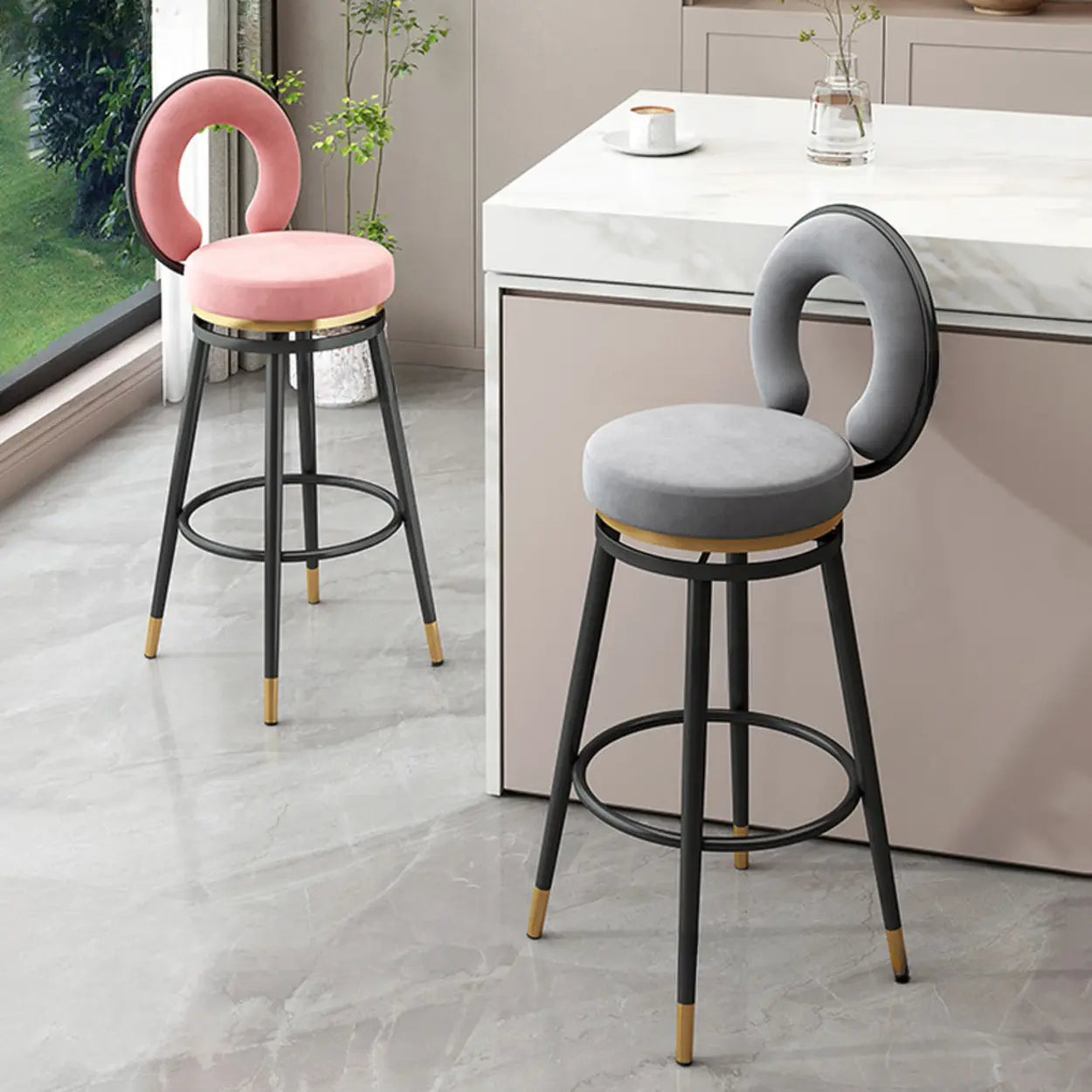 Round Upholstered Iron Swivel Bar Stool with Footrest — Silver / Gray