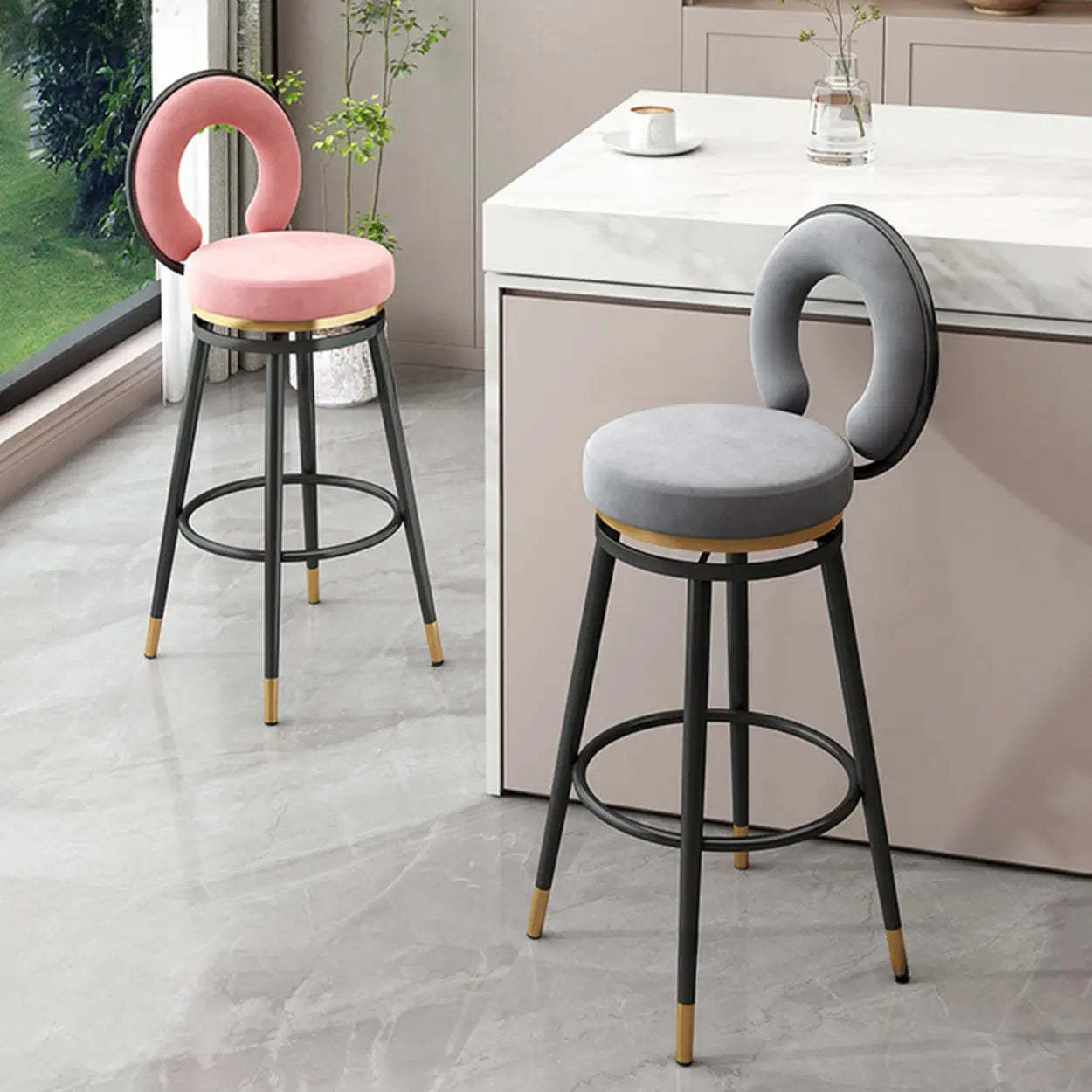 Round Upholstered Iron Swivel Bar Stool with Footrest — Silver / Gray