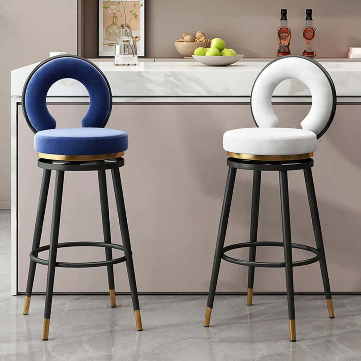 Round Upholstered Iron Swivel Bar Stool with Footrest — Silver / White