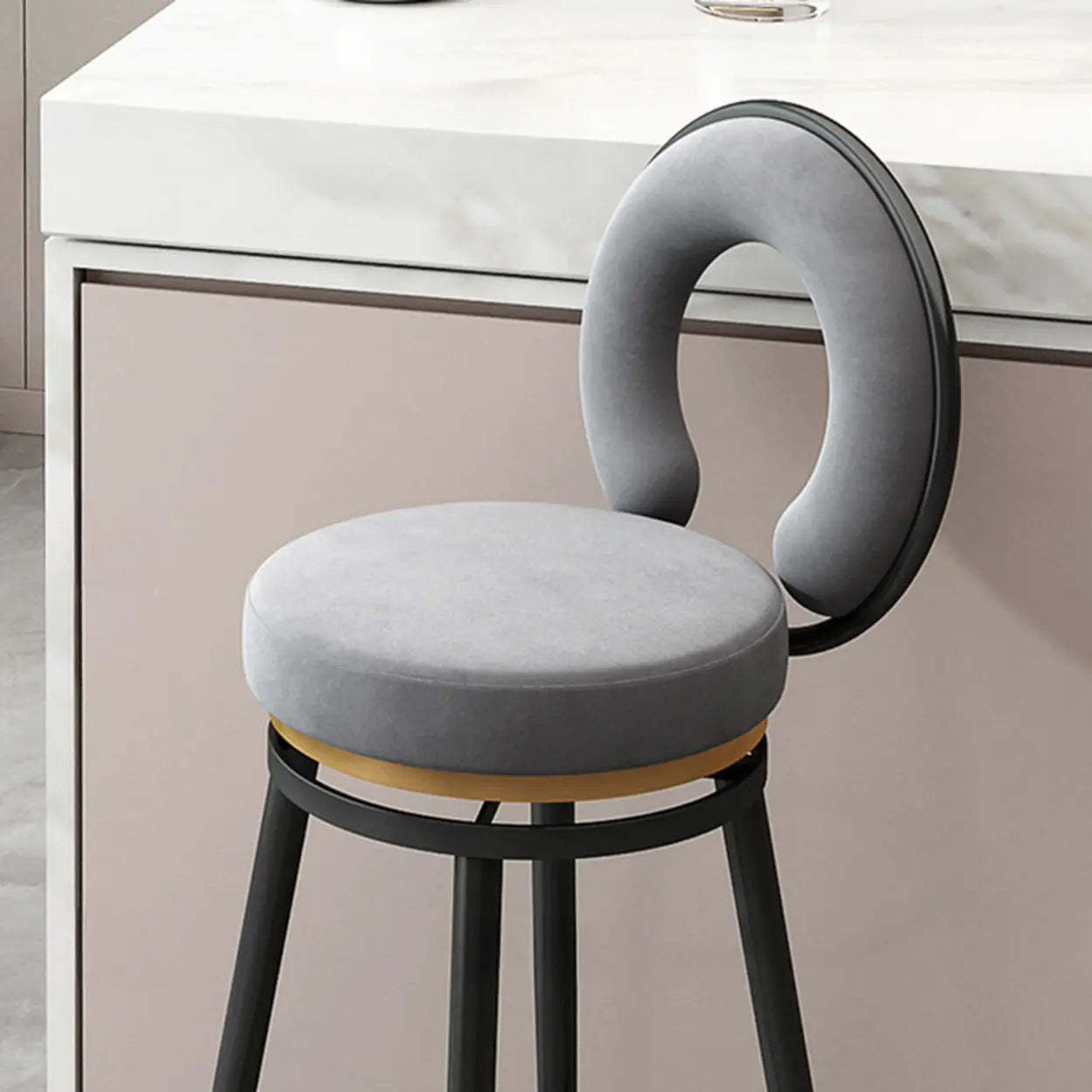 Round Upholstered Iron Swivel Bar Stool with Footrest — Silver / Pink