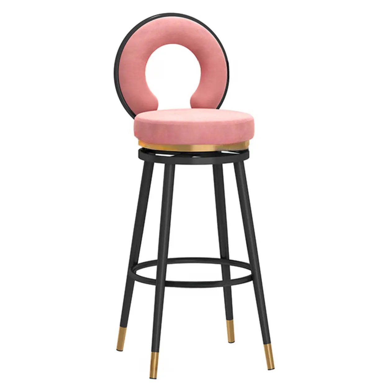 Round Upholstered Iron Swivel Bar Stool with Footrest — Silver / Pink