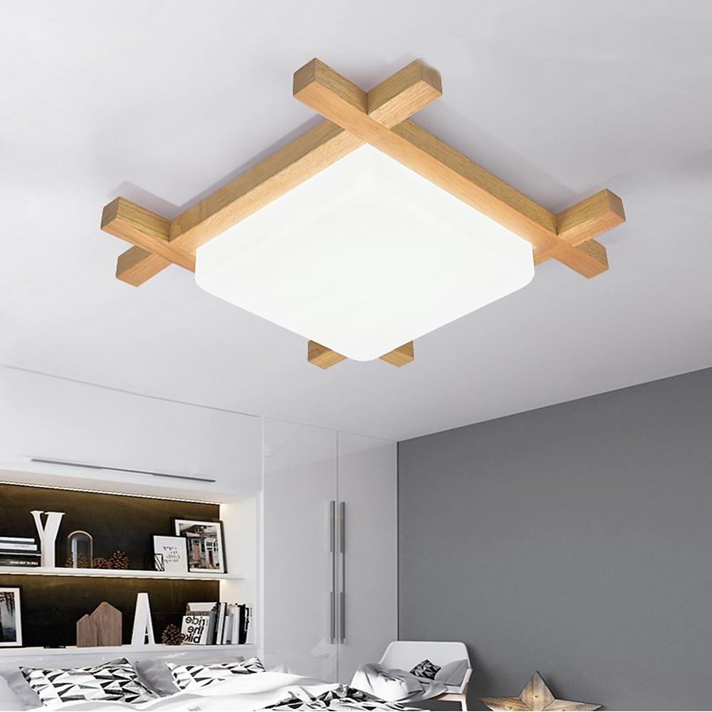 Square Rustic Wood Dimmable LED Modern Flush Mount Ceiling Light-Lighom