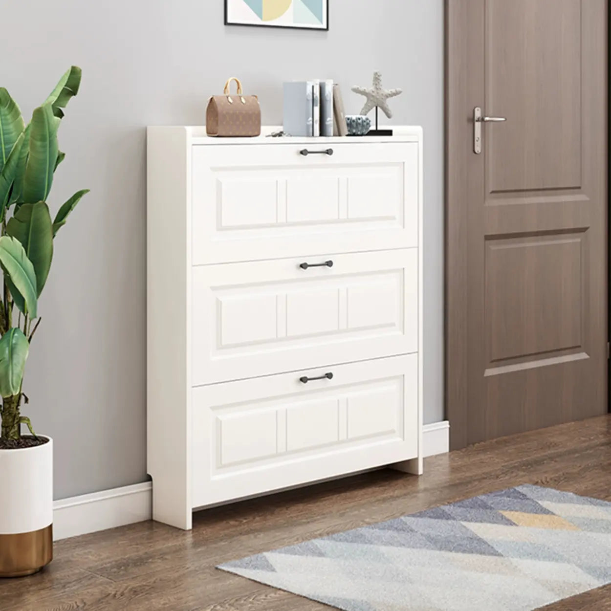 Tall White Drop-Front Hallway Shoe Cabinet