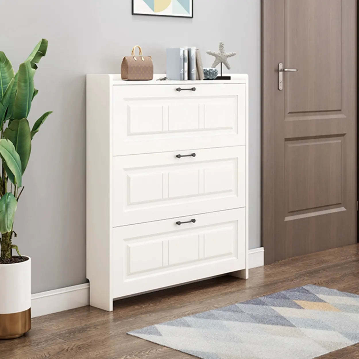 Tall White Drop-Front Hallway Shoe Cabinet
