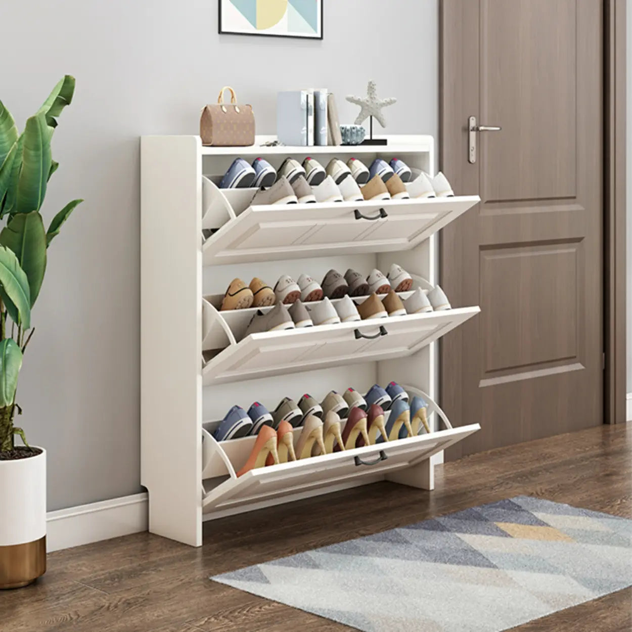 Tall White Drop-Front Hallway Shoe Cabinet