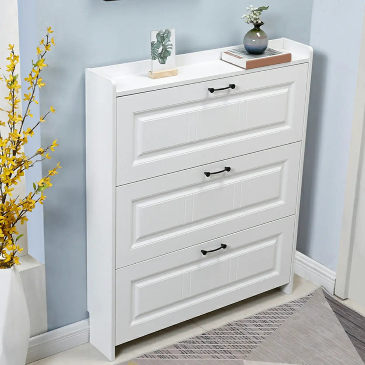 Tall White Drop-Front Hallway Shoe Cabinet