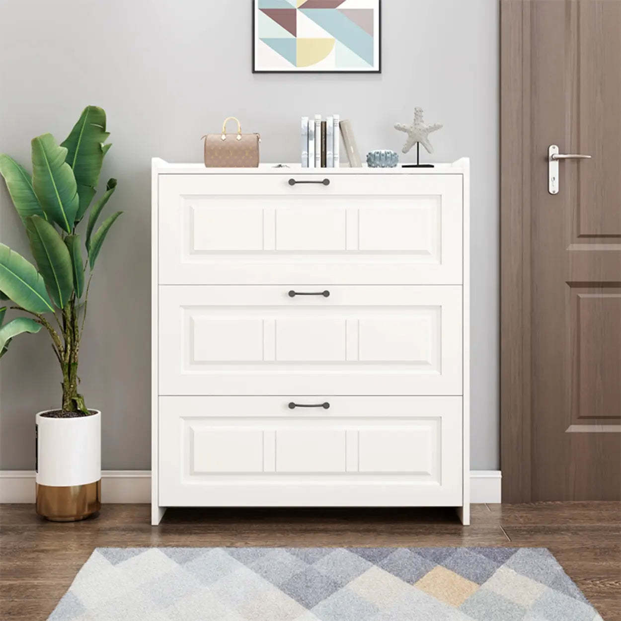 Tall White Drop-Front Hallway Shoe Cabinet