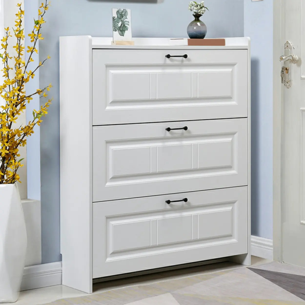 Tall White Drop-Front Hallway Shoe Cabinet
