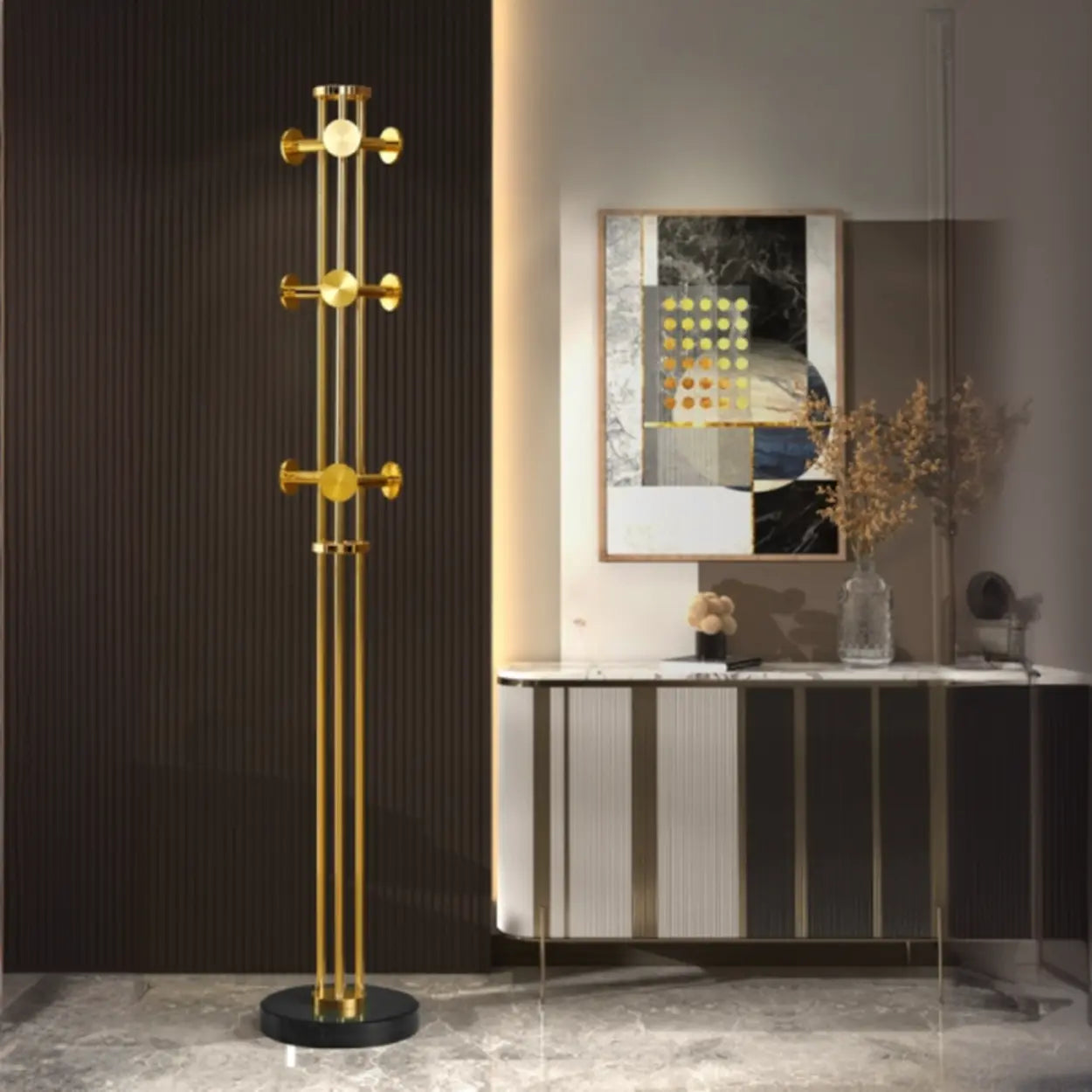 Tall Gold-Black Metal Freestanding Coat Rack — Gold-White