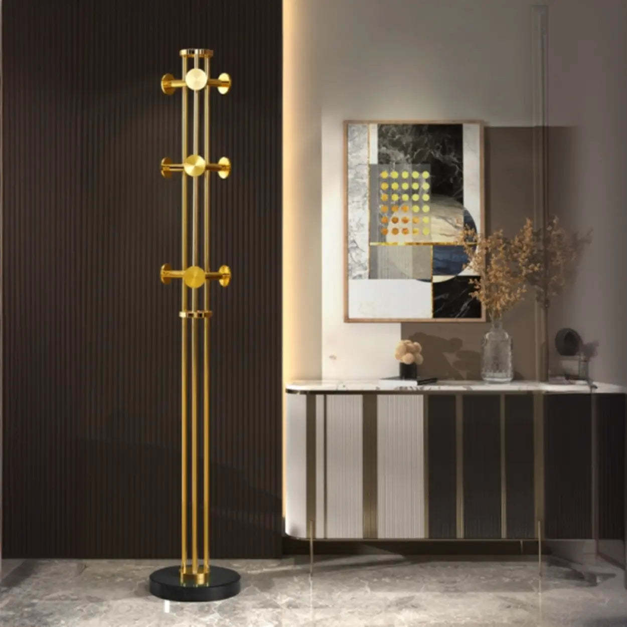 Tall Gold-Black Metal Freestanding Coat Rack — Gold-White