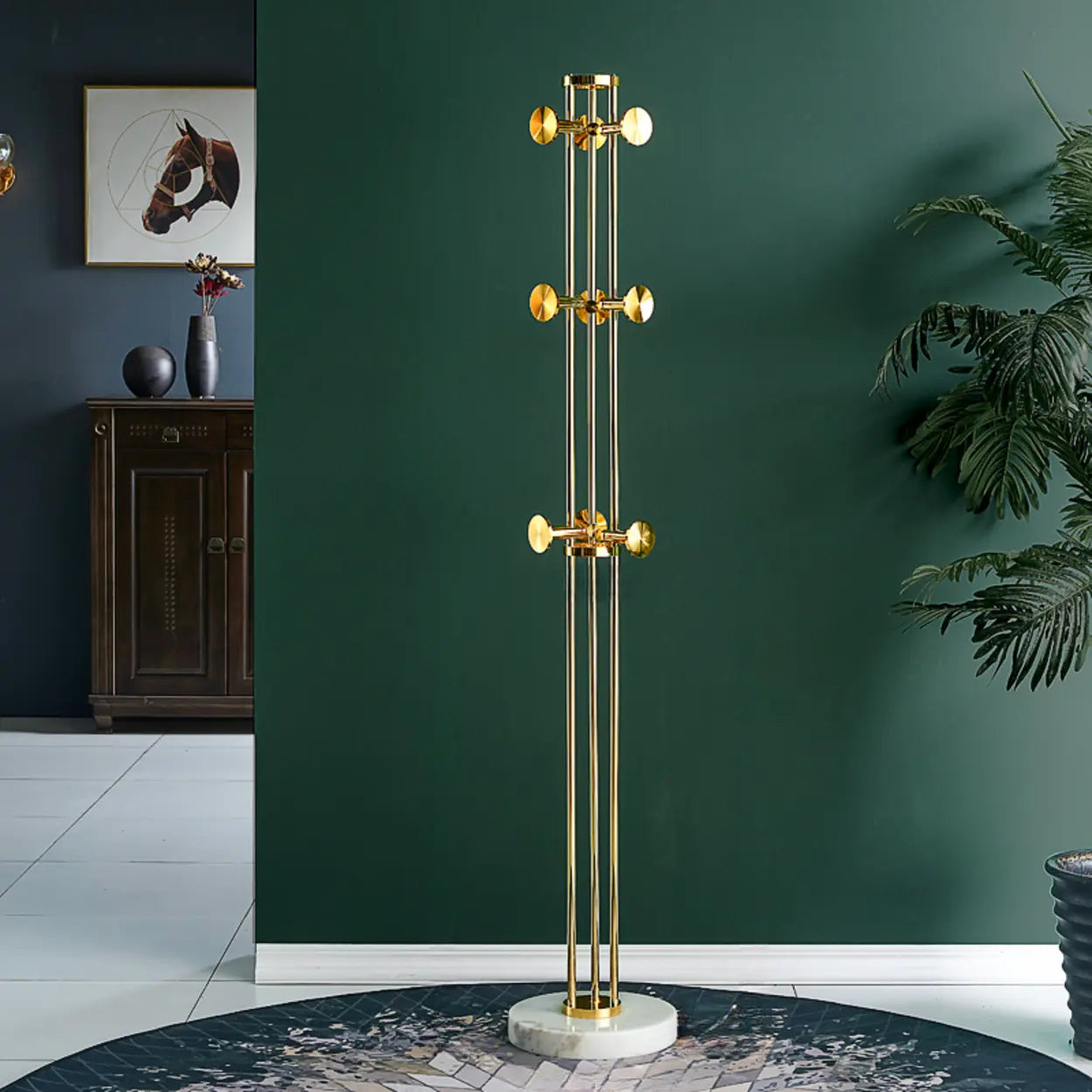 Tall Gold-Black Metal Freestanding Coat Rack — Gray & White