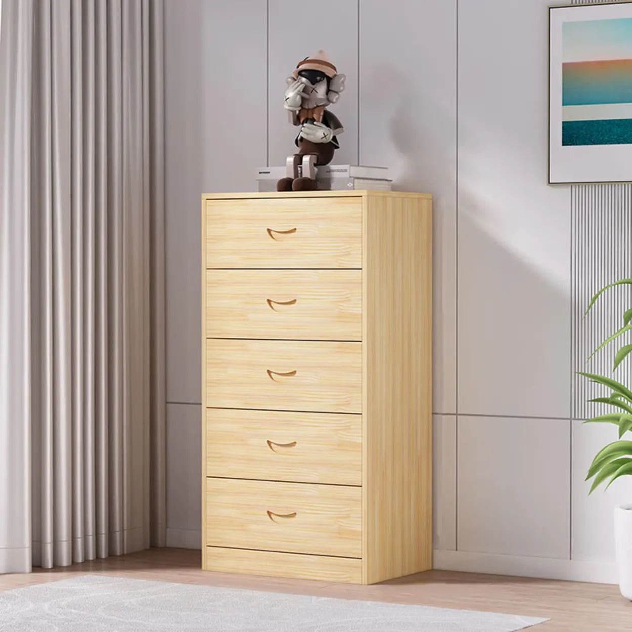 Tall Natural Wood Vertical 5-Drawer Chest