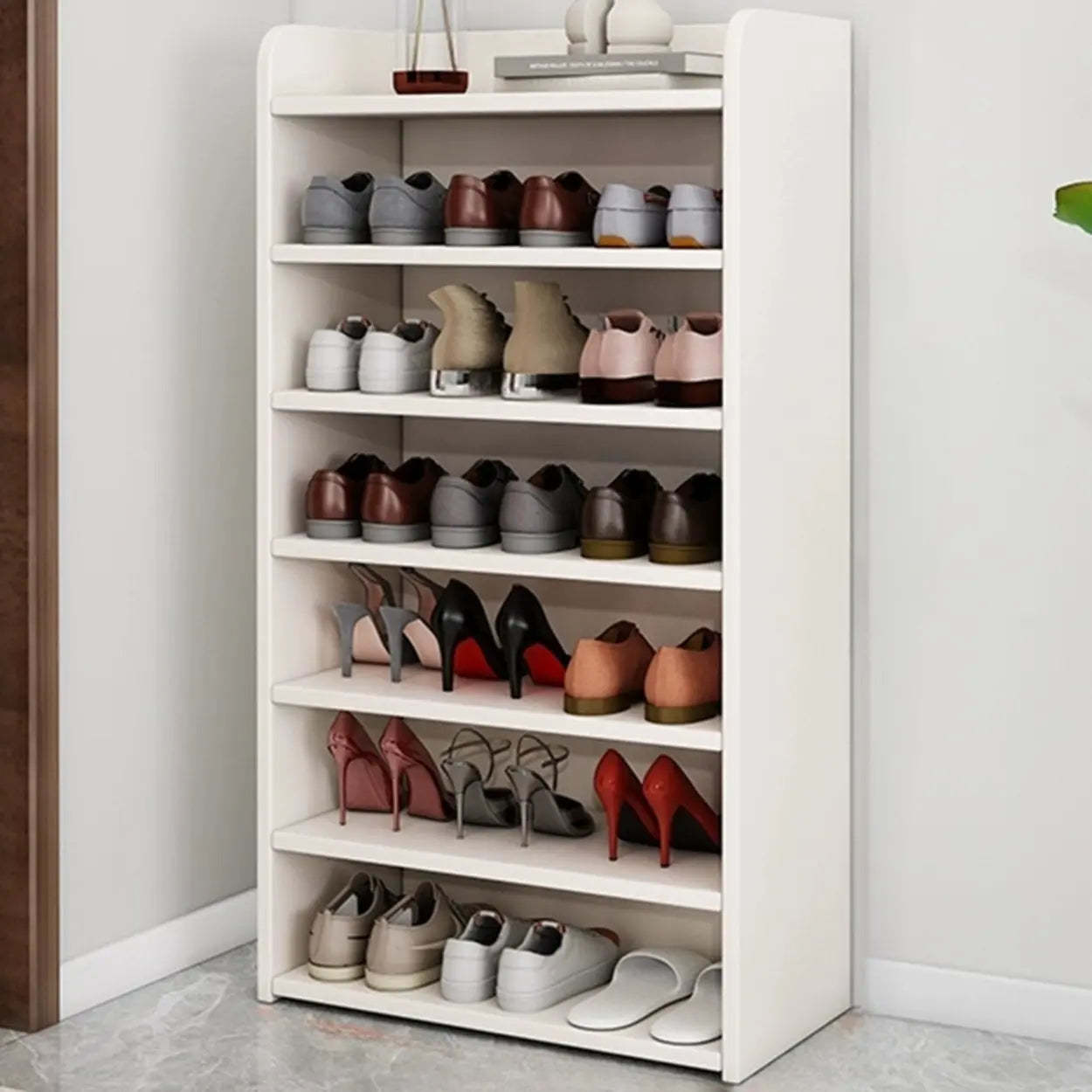Modern closed-back tall shoe storage in wood — 31"L x 11"W x 44"H / Gray