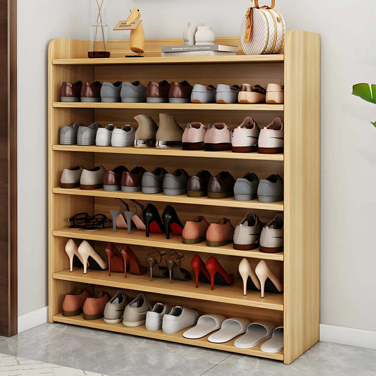 Tall Wood Closed-Back Shoe Rack — Dark Walnut