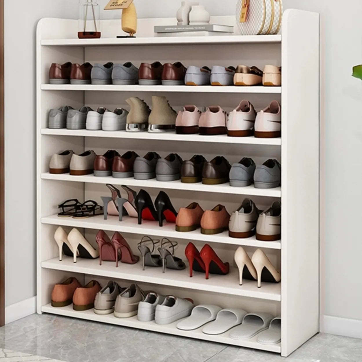 Modern tall closed-back shoe storage in wood — 31"L x 11"W x 44"H / White