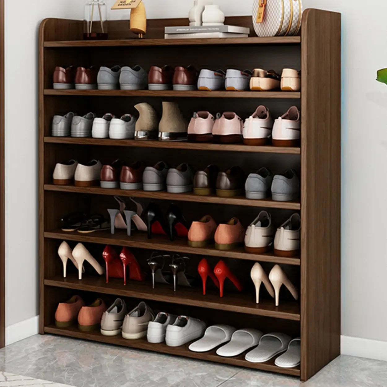Modern tall closed-back shoe storage in wood — 39"L x 11"W x 44"H / Walnut
