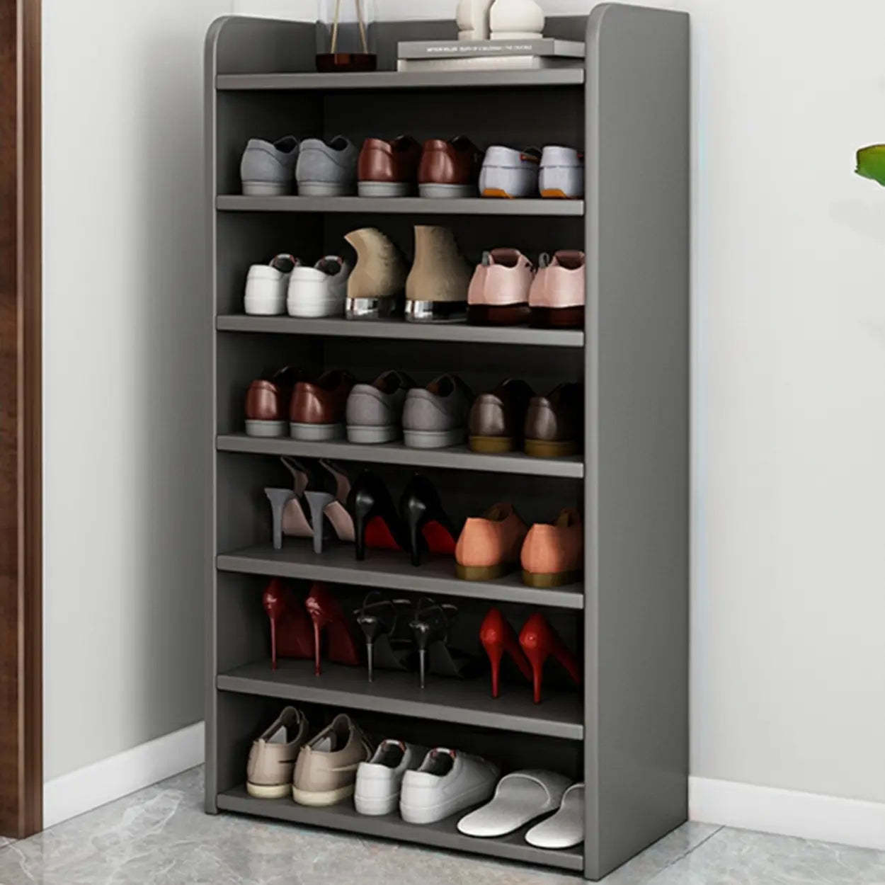 Modern tall shoe storage in wood — 24"L x 11"W x 37"H / Gray
