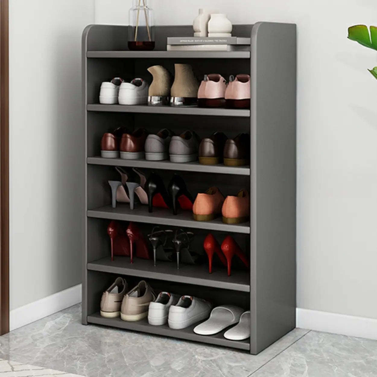 Tall Wood Closed-Back Shoe Rack — Grey