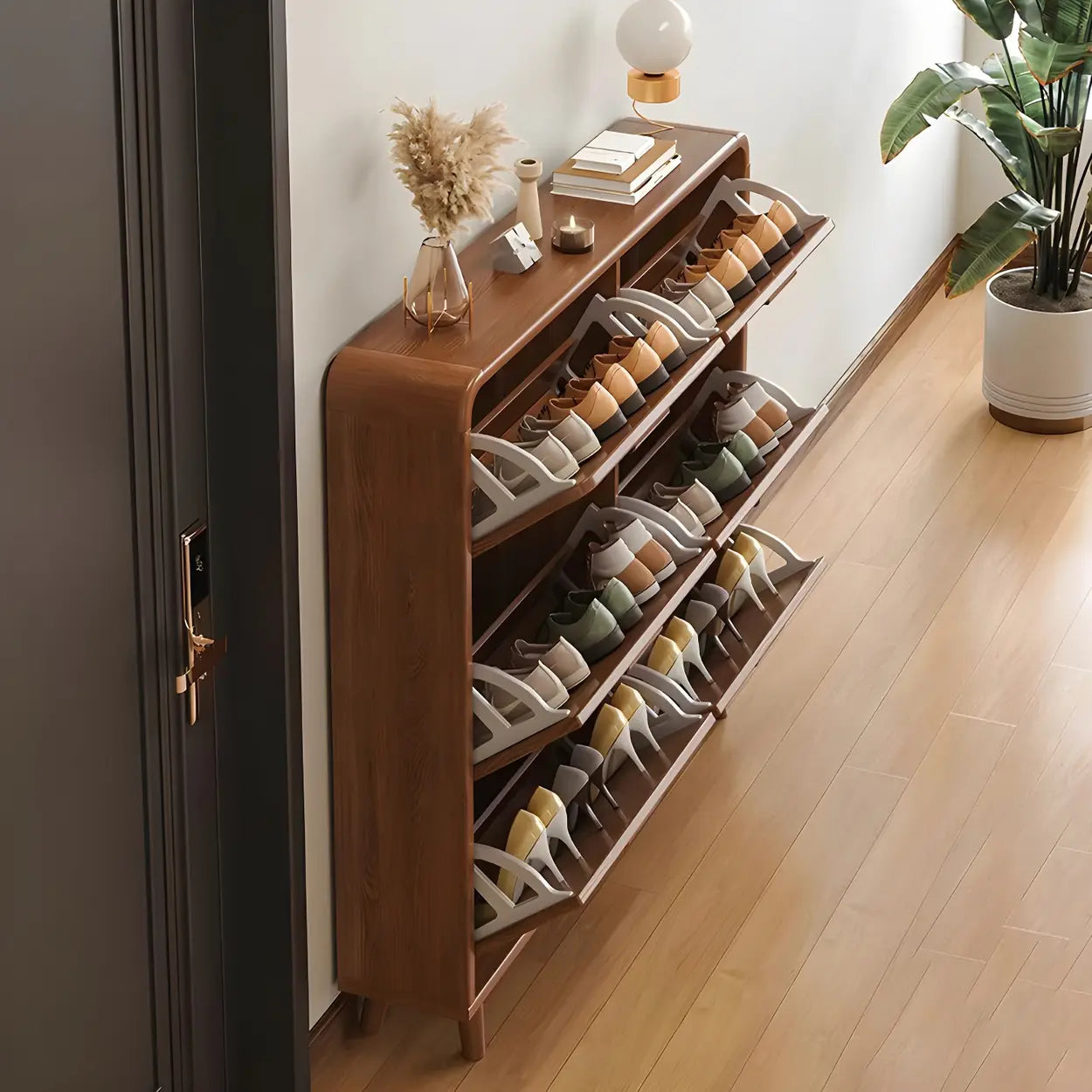 Tall Wood Drop-Front Shoe Cabinet — Brown