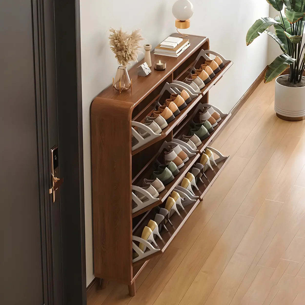 Tall Wood Drop-Front Shoe Cabinet — Brown