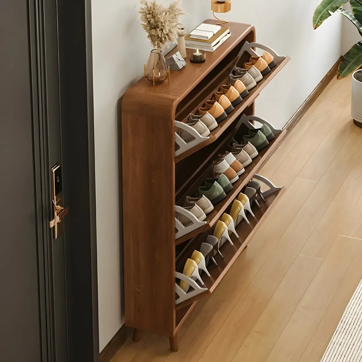 Tall Wood Drop-Front Shoe Cabinet — Brown/ White