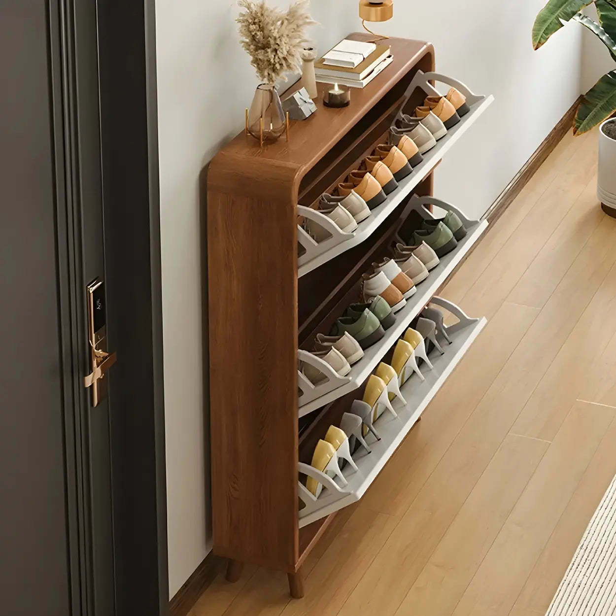 Tall Wood Drop-Front Shoe Cabinet — Brown