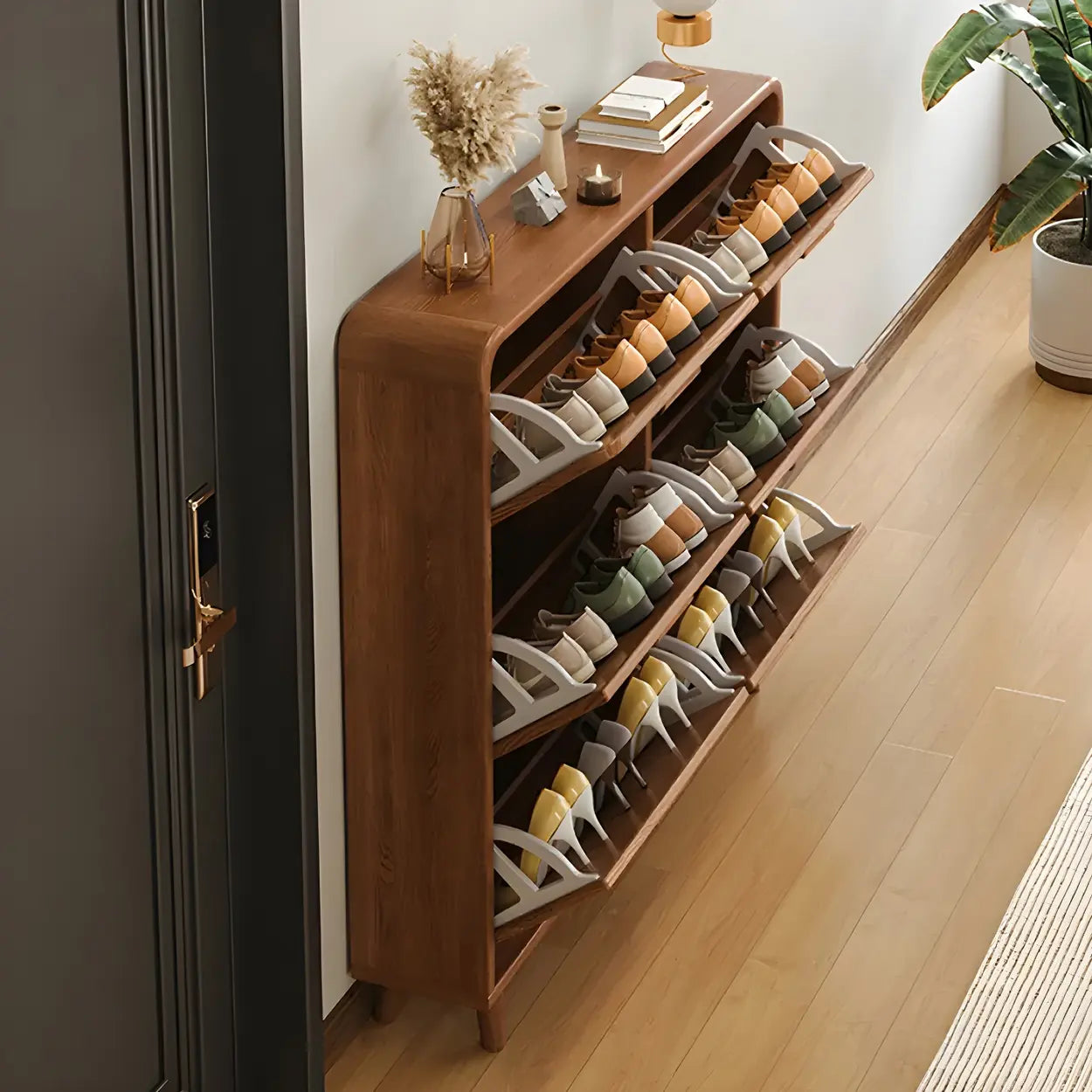 Tall Wood Drop-Front Shoe Cabinet — Brown