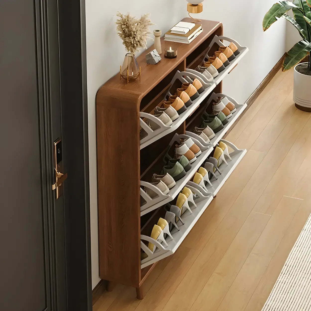 Tall Wood Drop-Front Shoe Cabinet — Brown
