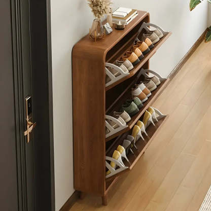 Tall Wood Drop-Front Shoe Cabinet — Brown/ White