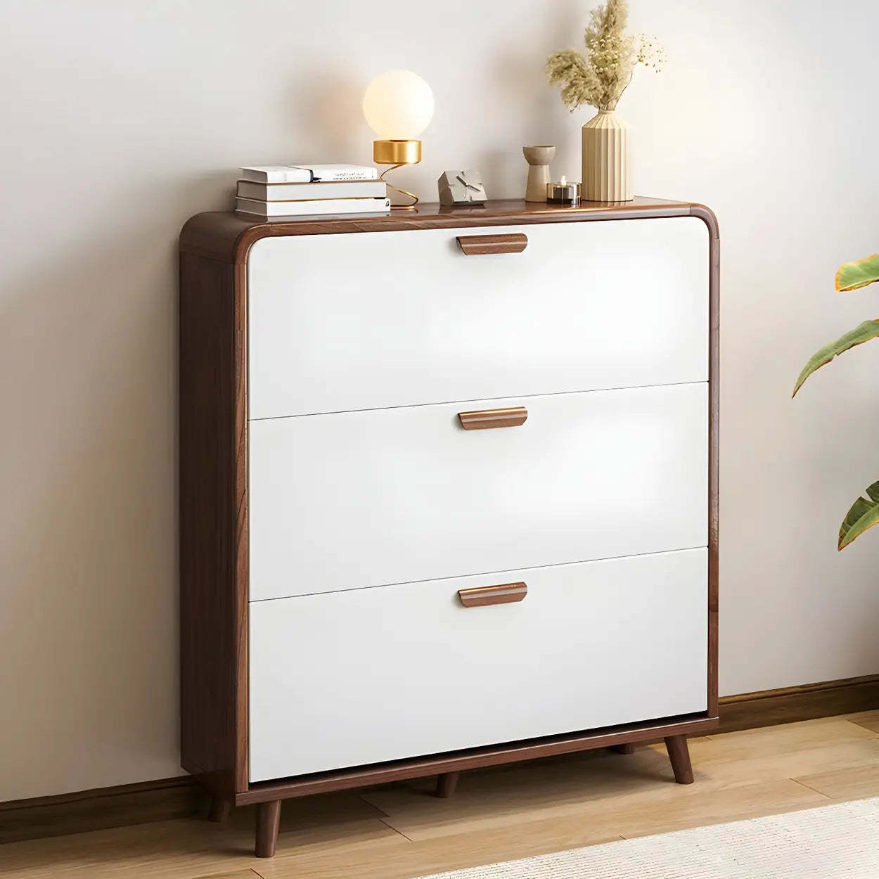 Tall Wood Drop-Front Shoe Cabinet — Brown