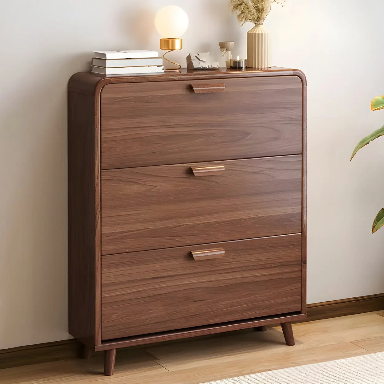 Tall Wood Drop-Front Shoe Cabinet — Brown
