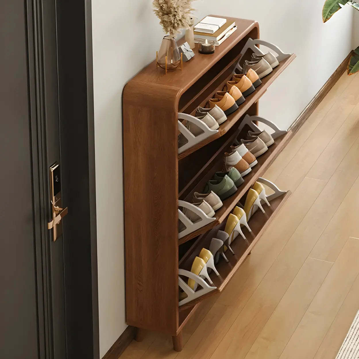 Tall Wood Drop-Front Shoe Cabinet — Brown/ White