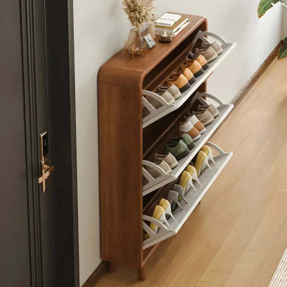Tall Wood Drop-Front Shoe Cabinet — Brown