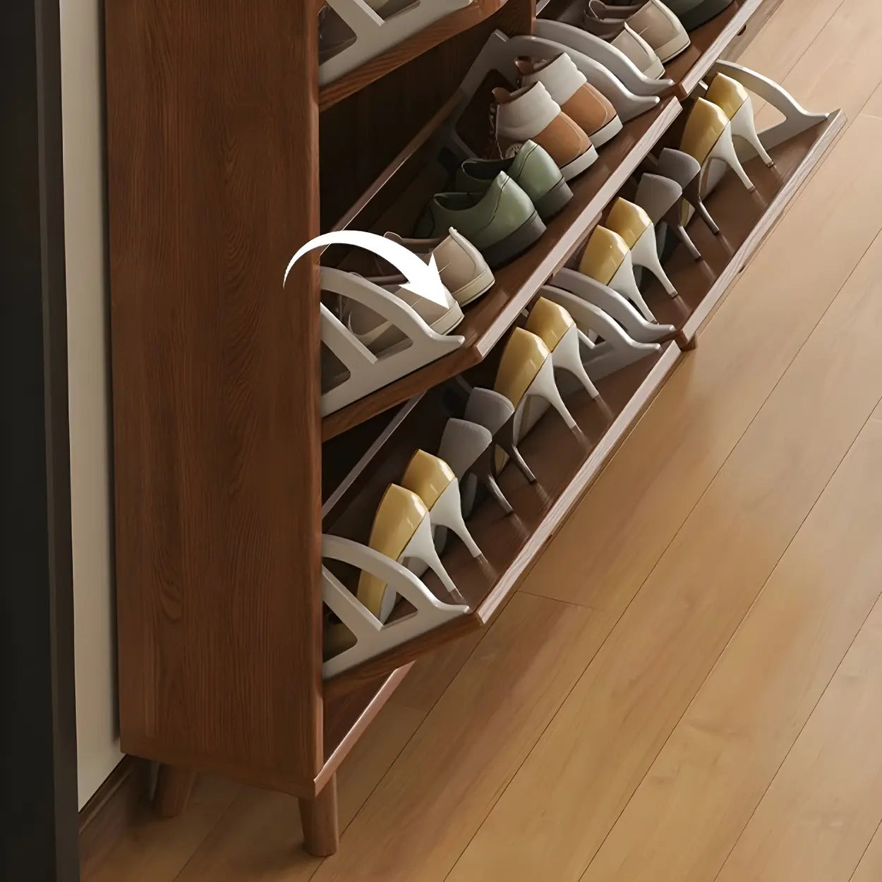 Tall Wood Drop-Front Shoe Cabinet — Brown/ White