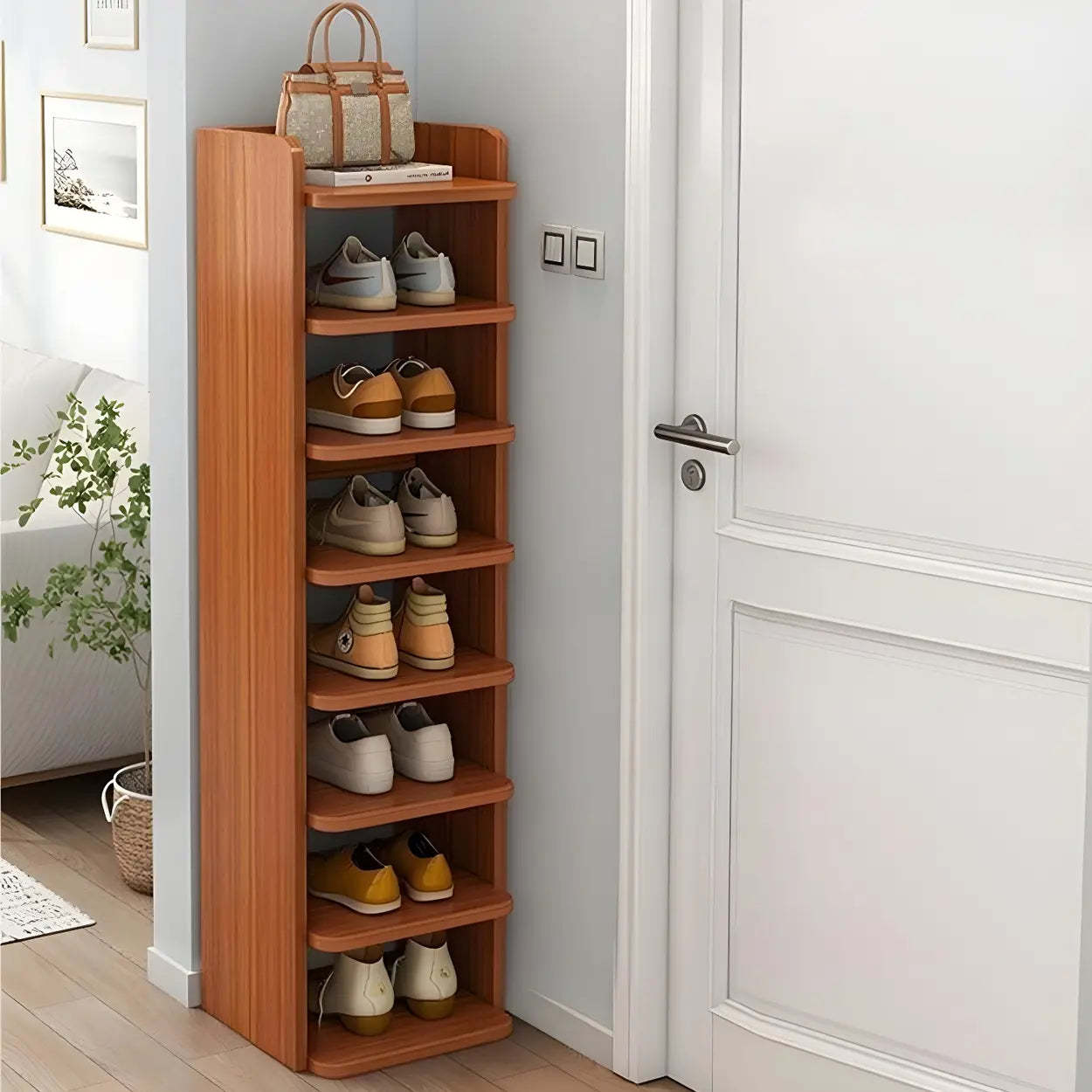 Tall Wood Entryway Shoe Rack — White