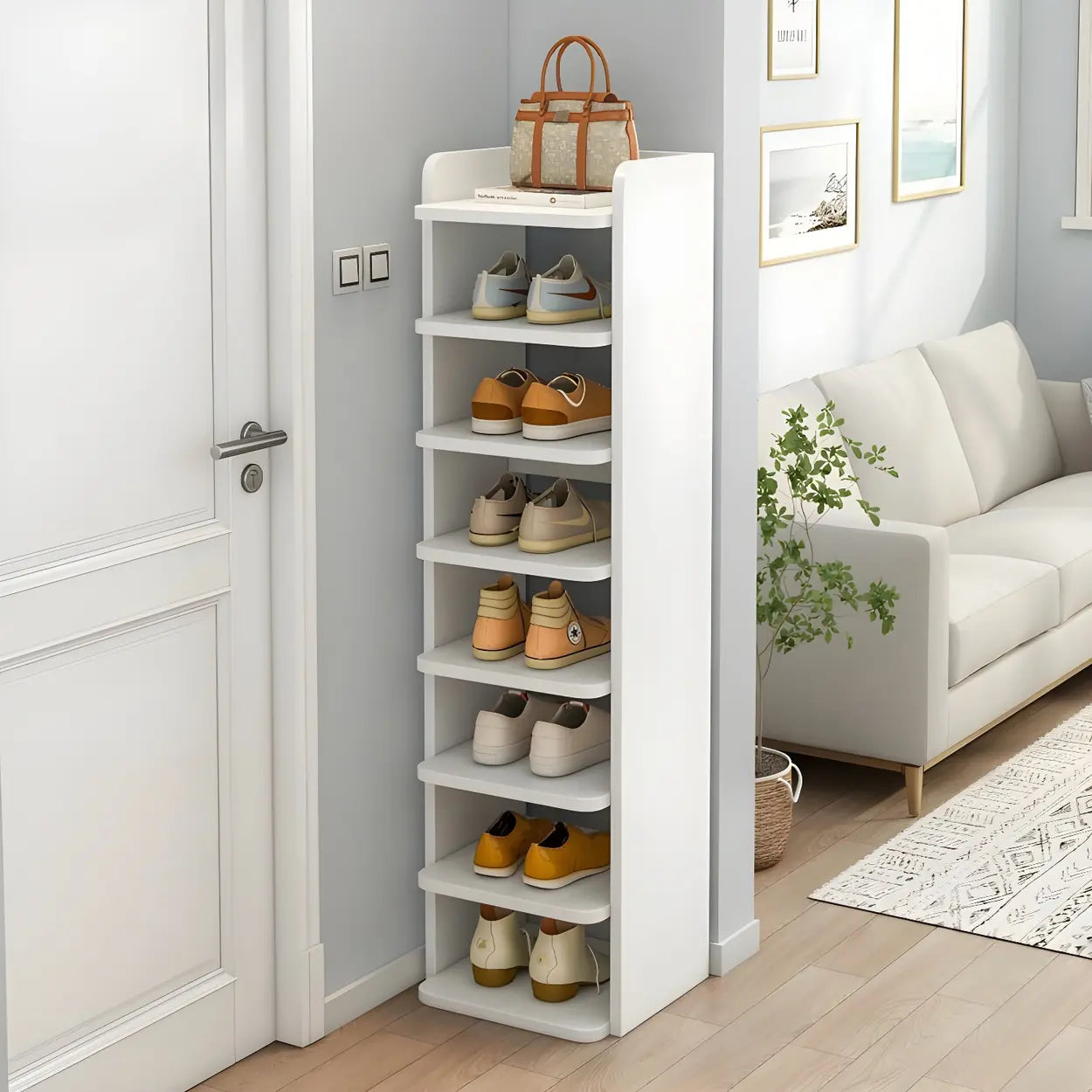 Tall Wood Entryway Shoe Rack — White