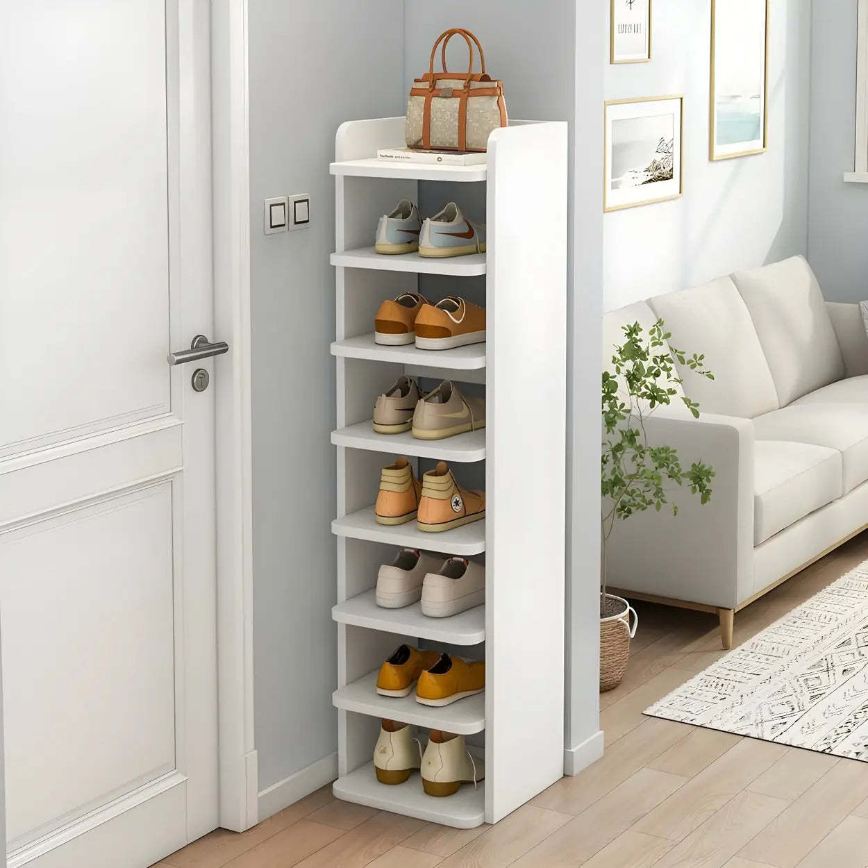 Tall Wood Entryway Shoe Rack — White