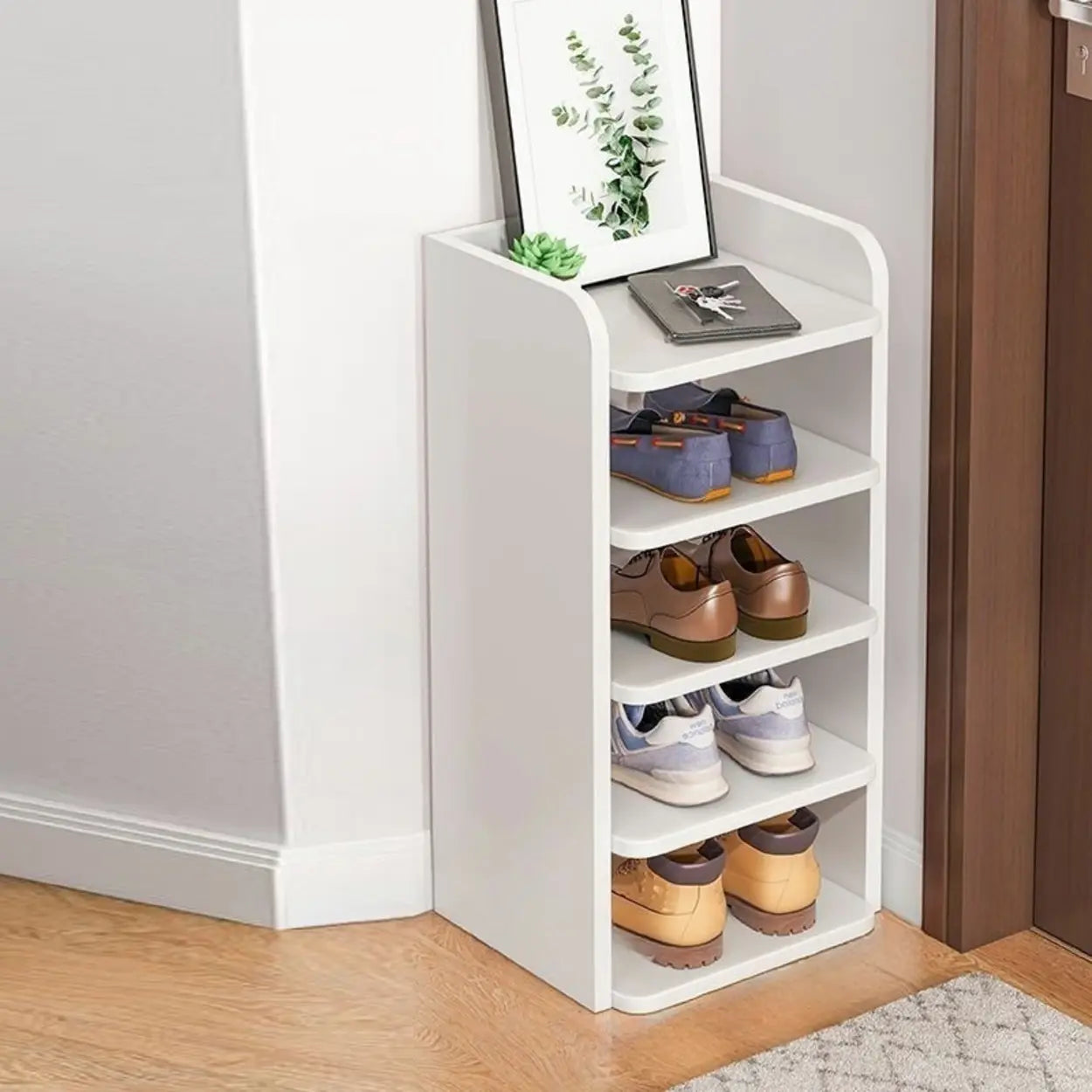 Tall Wood Entryway Shoe Rack — White