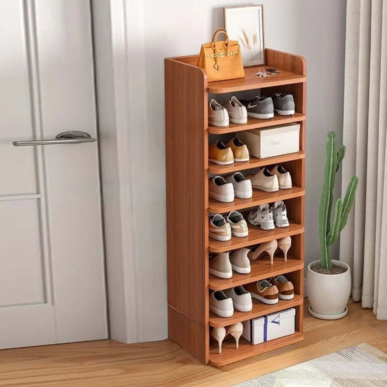 Tall Wood Entryway Shoe Rack — White