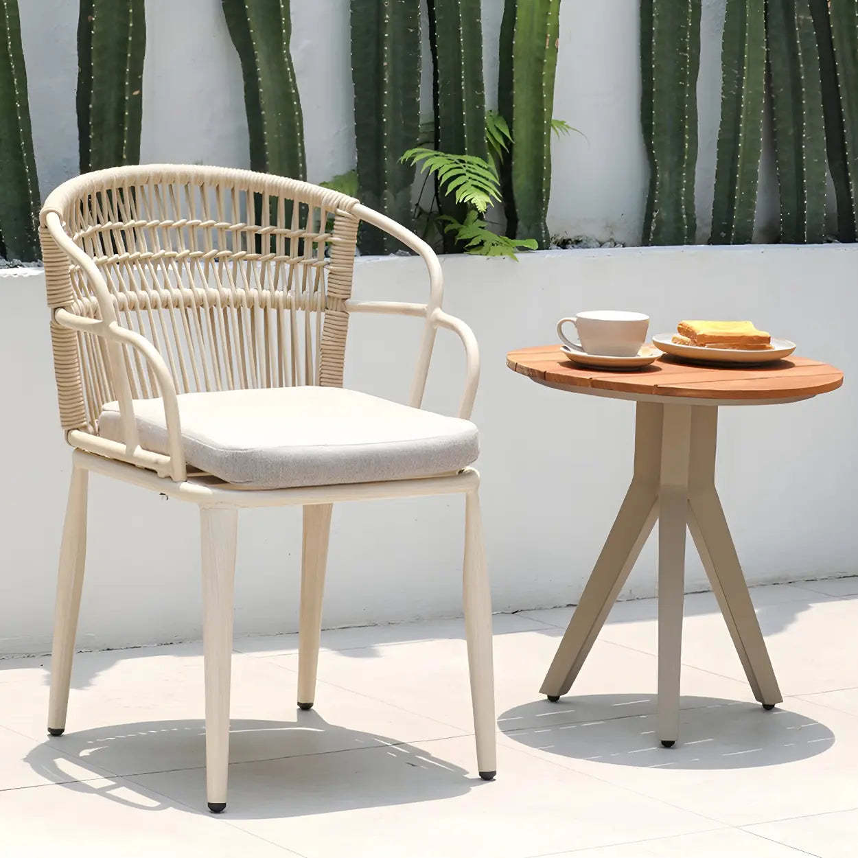 Teak Round Top Aluminum Outdoor Coffee Table — Black / Table Only