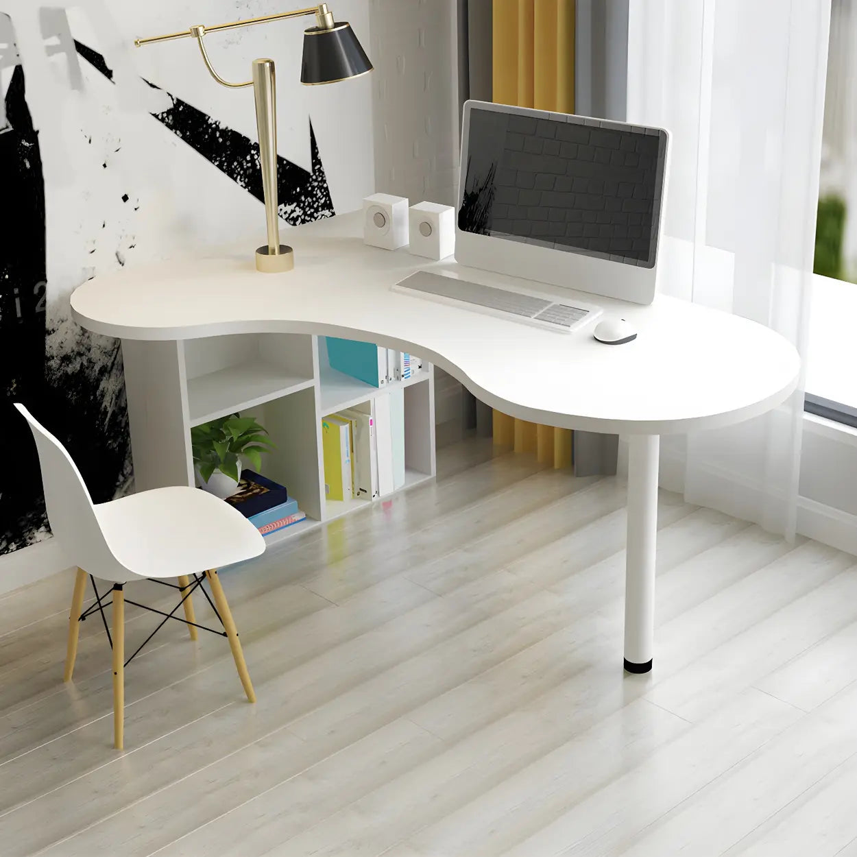 Textured White Wood Writing Desk with Shelf