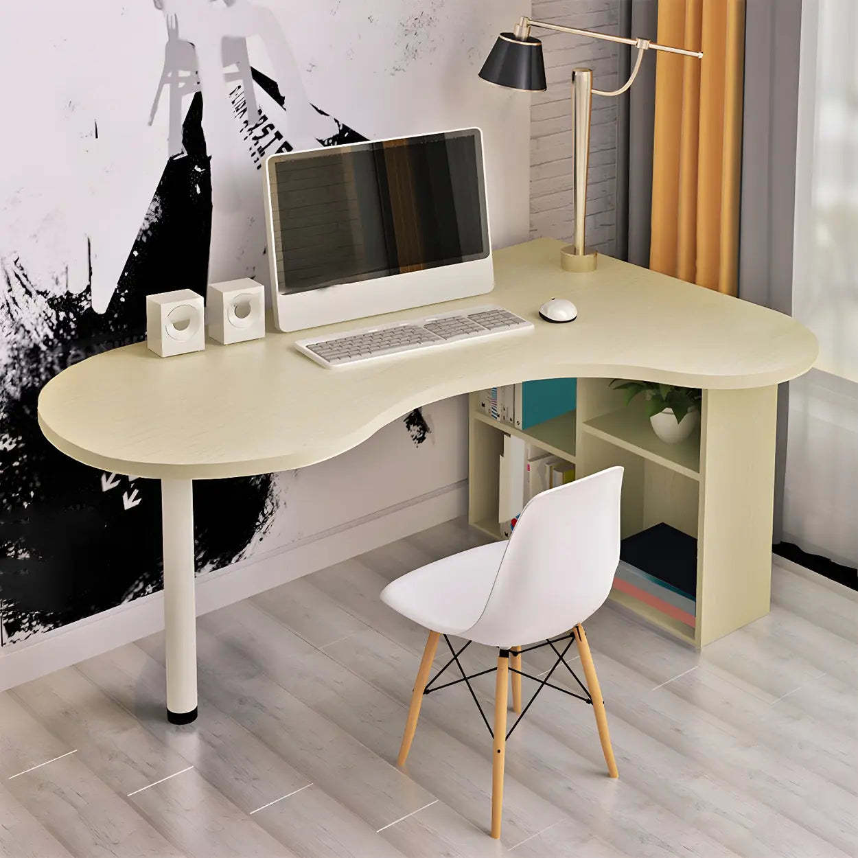 Textured White Wood Writing Desk with Shelf