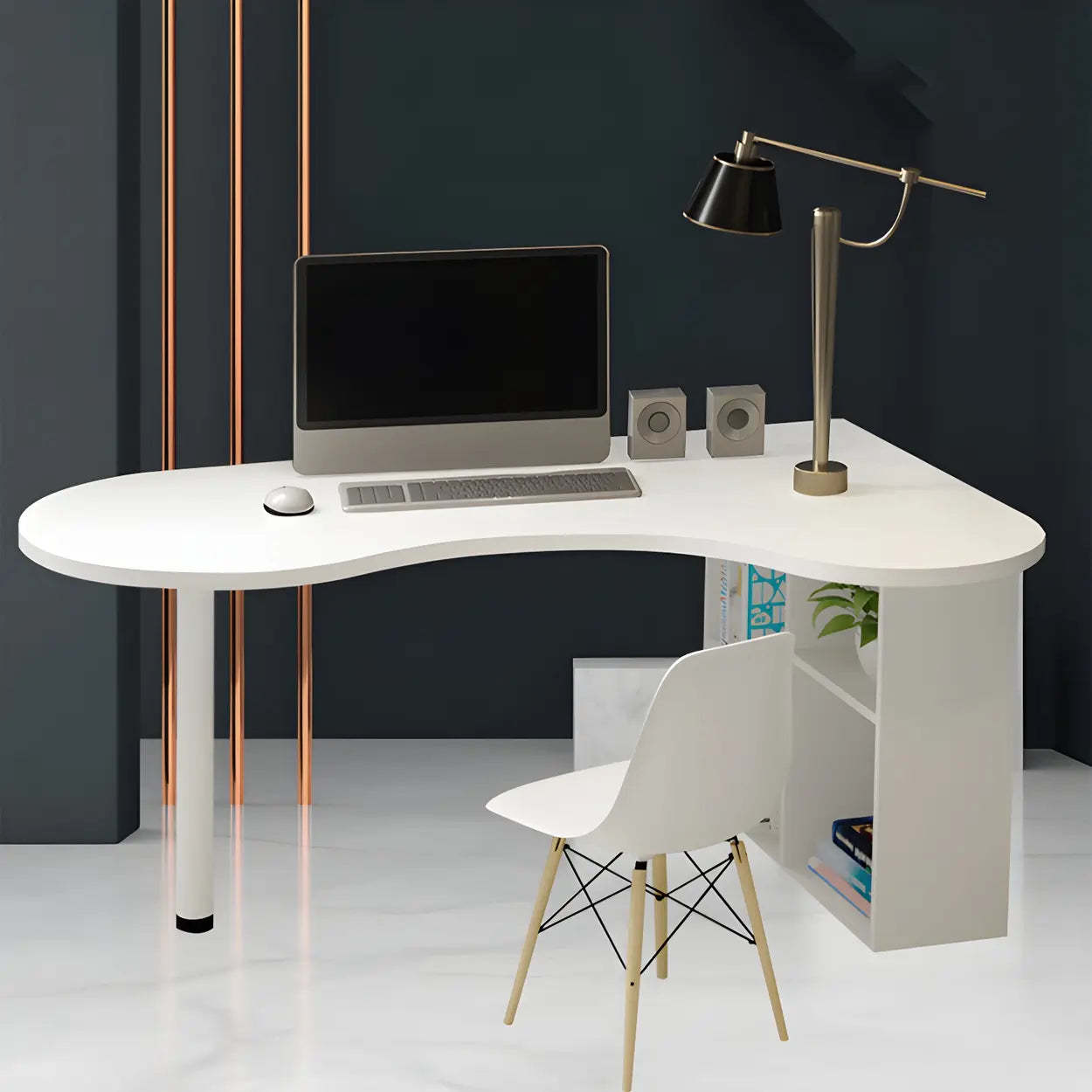Textured White Wood Writing Desk with Shelf