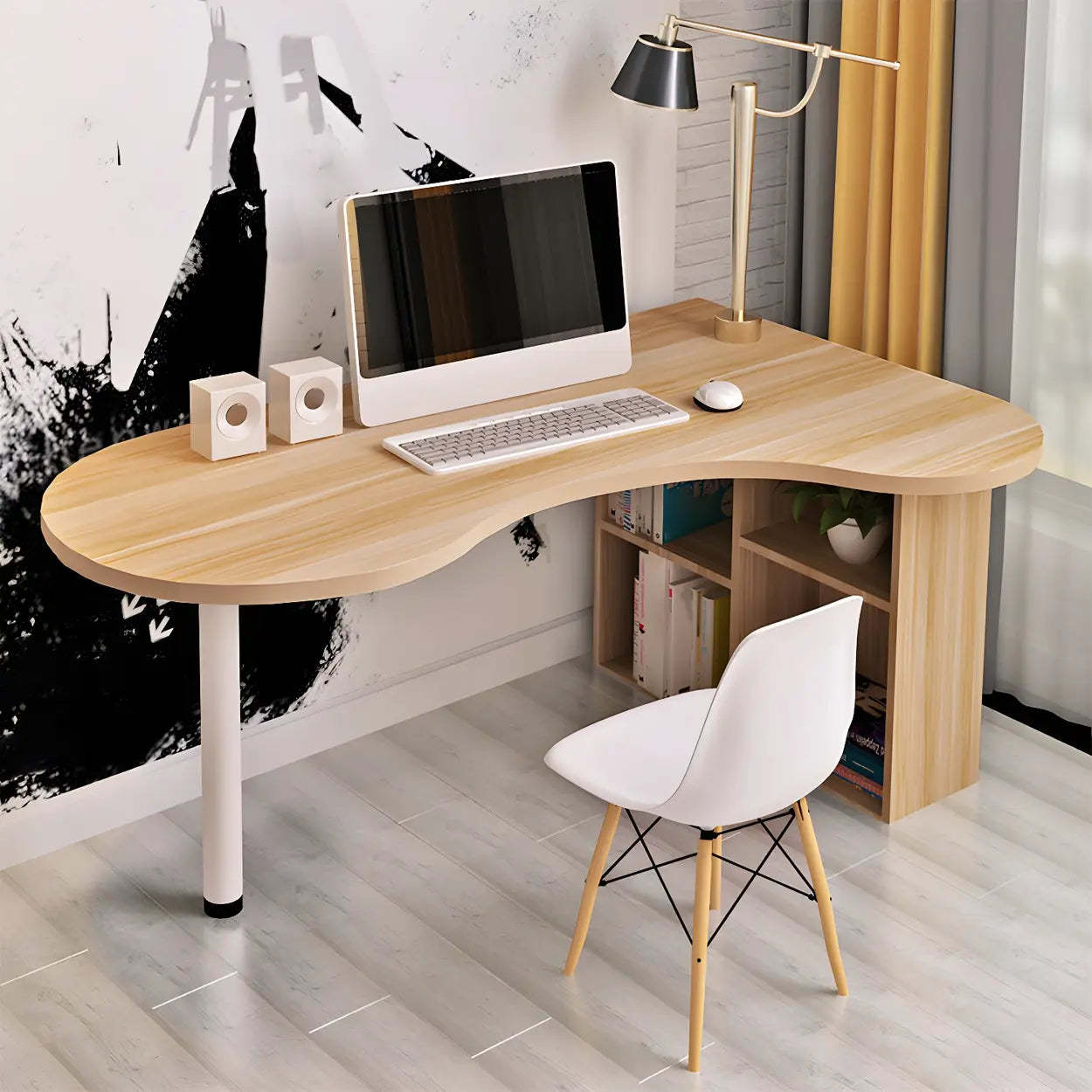 Textured White Wood Writing Desk with Shelf