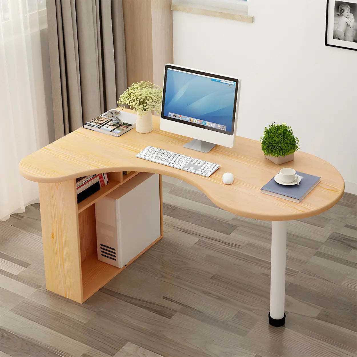 Textured White Wood Writing Desk with Shelf