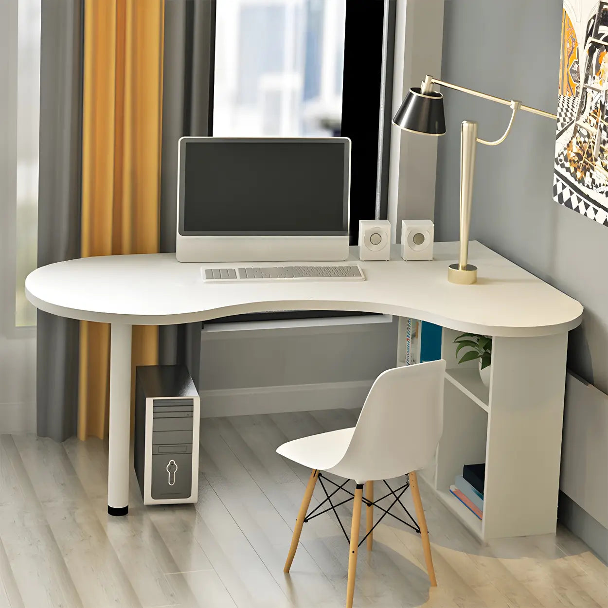 Textured White Wood Writing Desk with Shelf