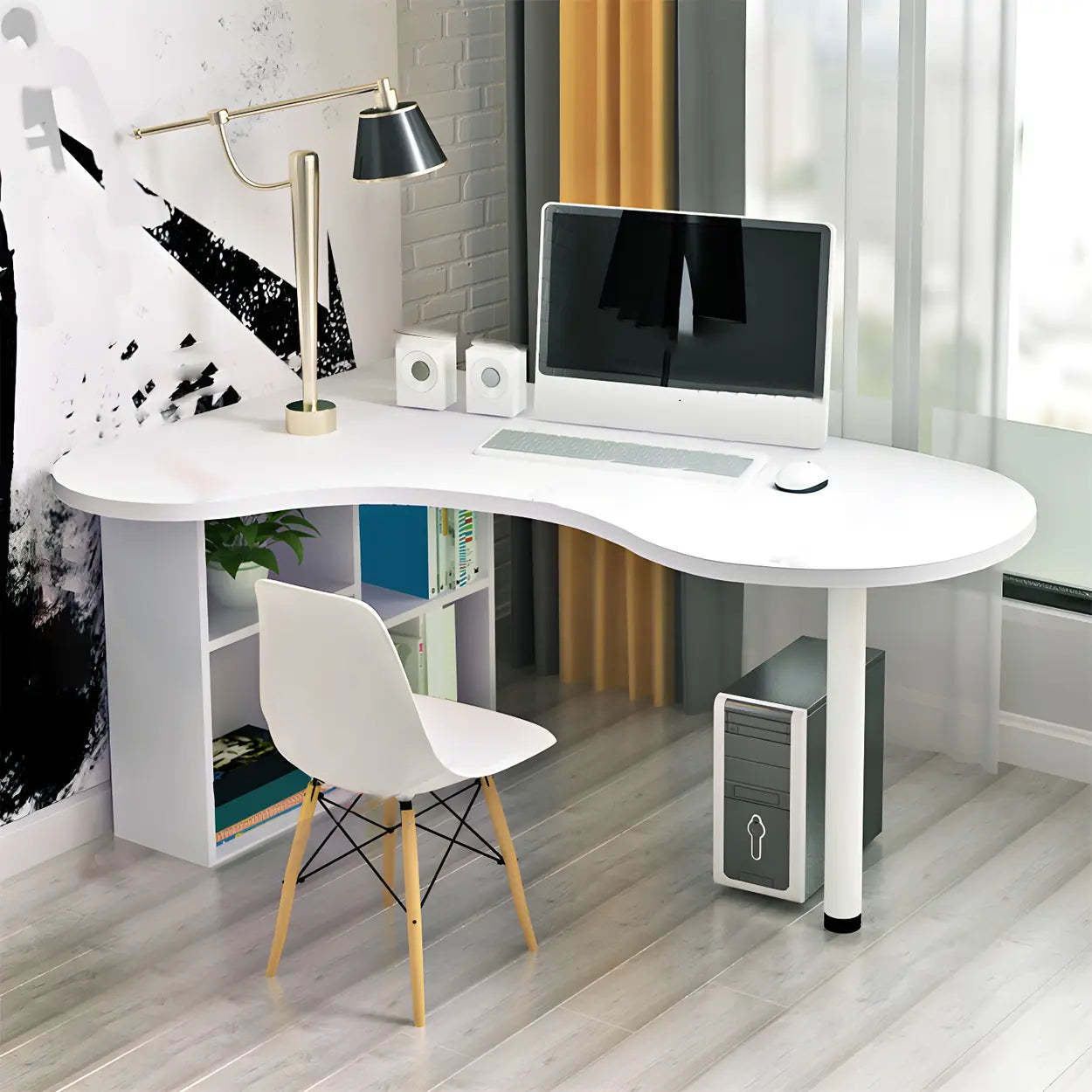 Textured White Wood Writing Desk with Shelf