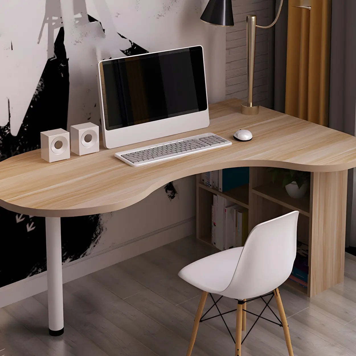 Textured White Wood Writing Desk with Shelf