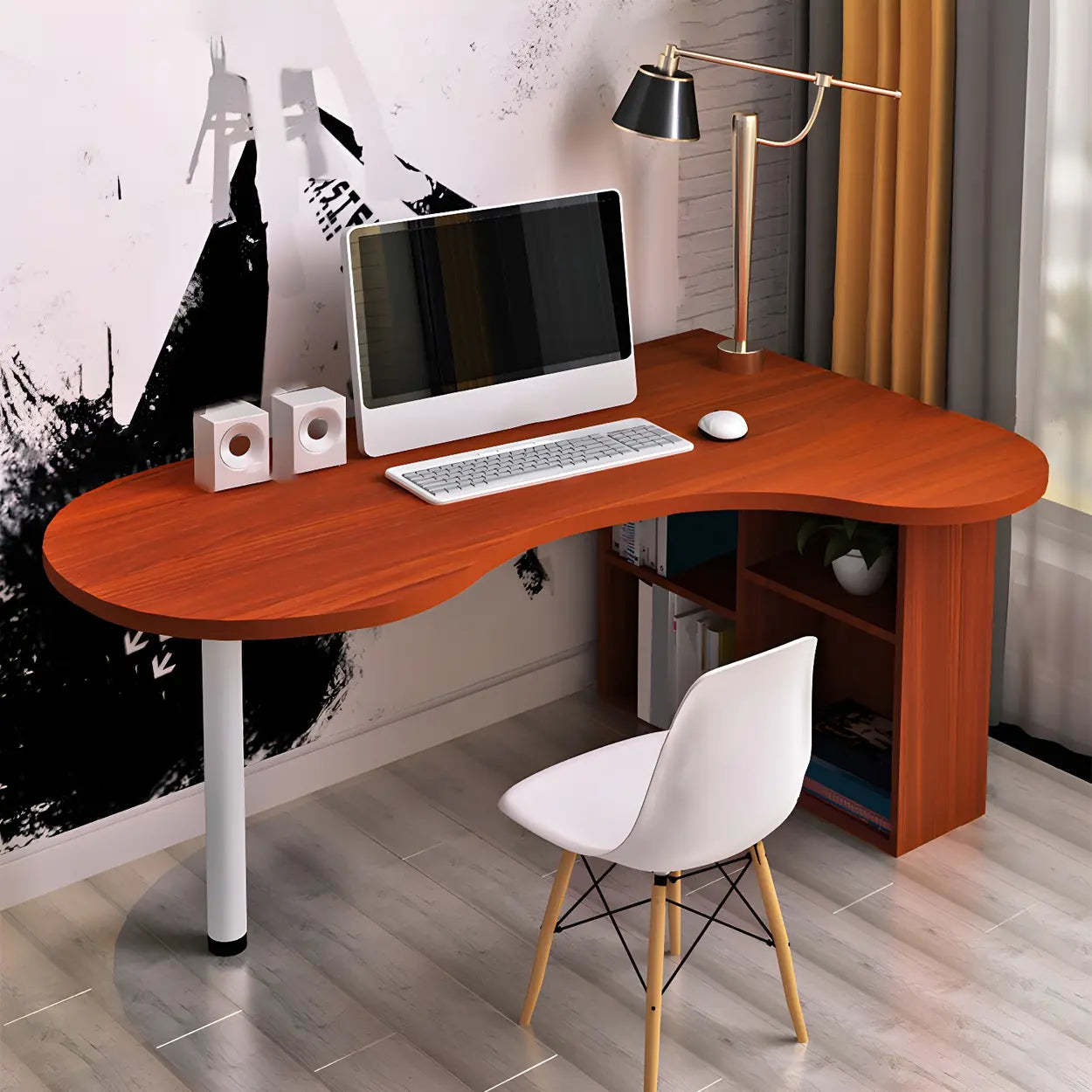 Textured White Wood Writing Desk with Shelf